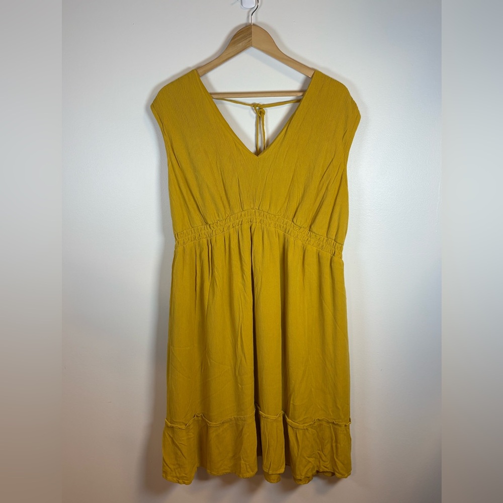 Lavon Women’s Golden Yellow Crepe-Style Boho Dress, Size XL, V Neck, Flowy,